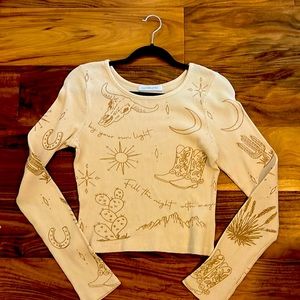 DayDreamer Waffle Knit, Western Print, Cropped Long Sleeve